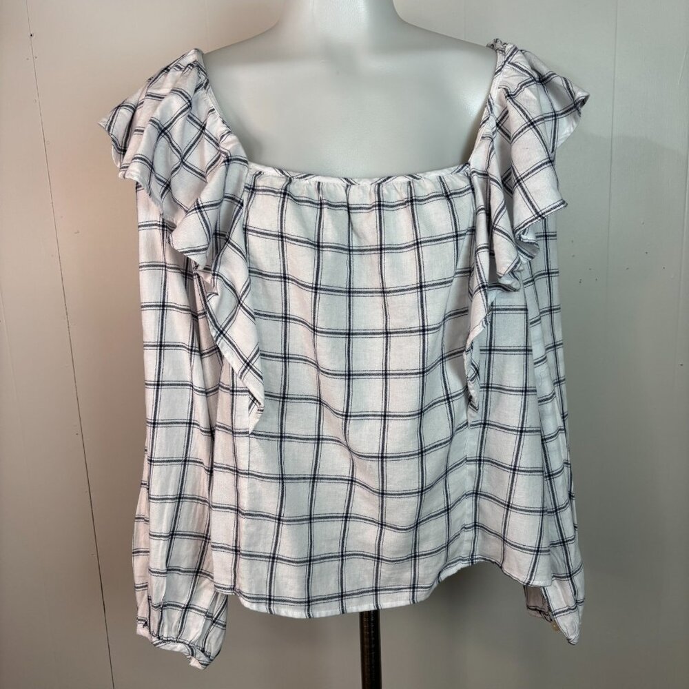J Crew Top XL White Blue Windowpane Plaid Square Neck Ruffle Flannel 100% Cotton